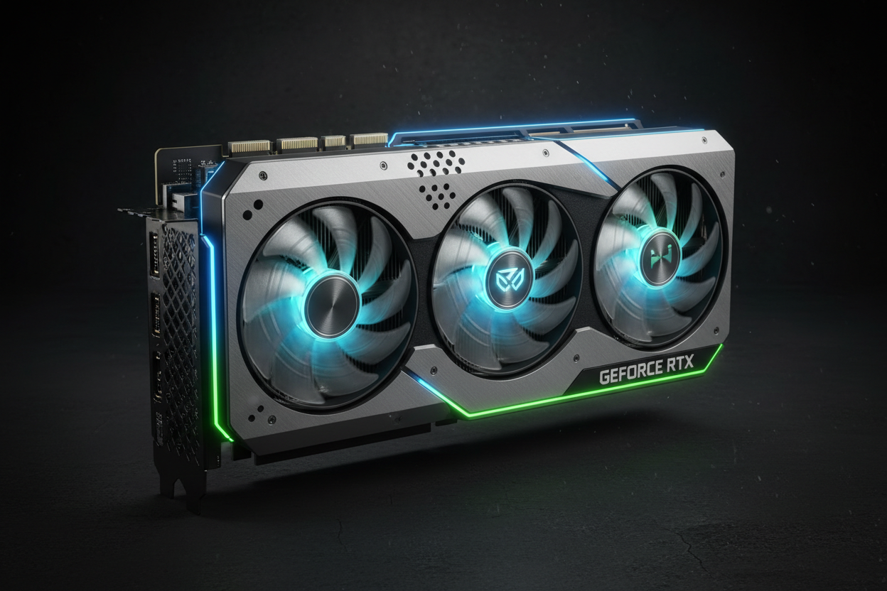NVIDIA GeForce RTX 5090 graphics card with dramatic neon lighting