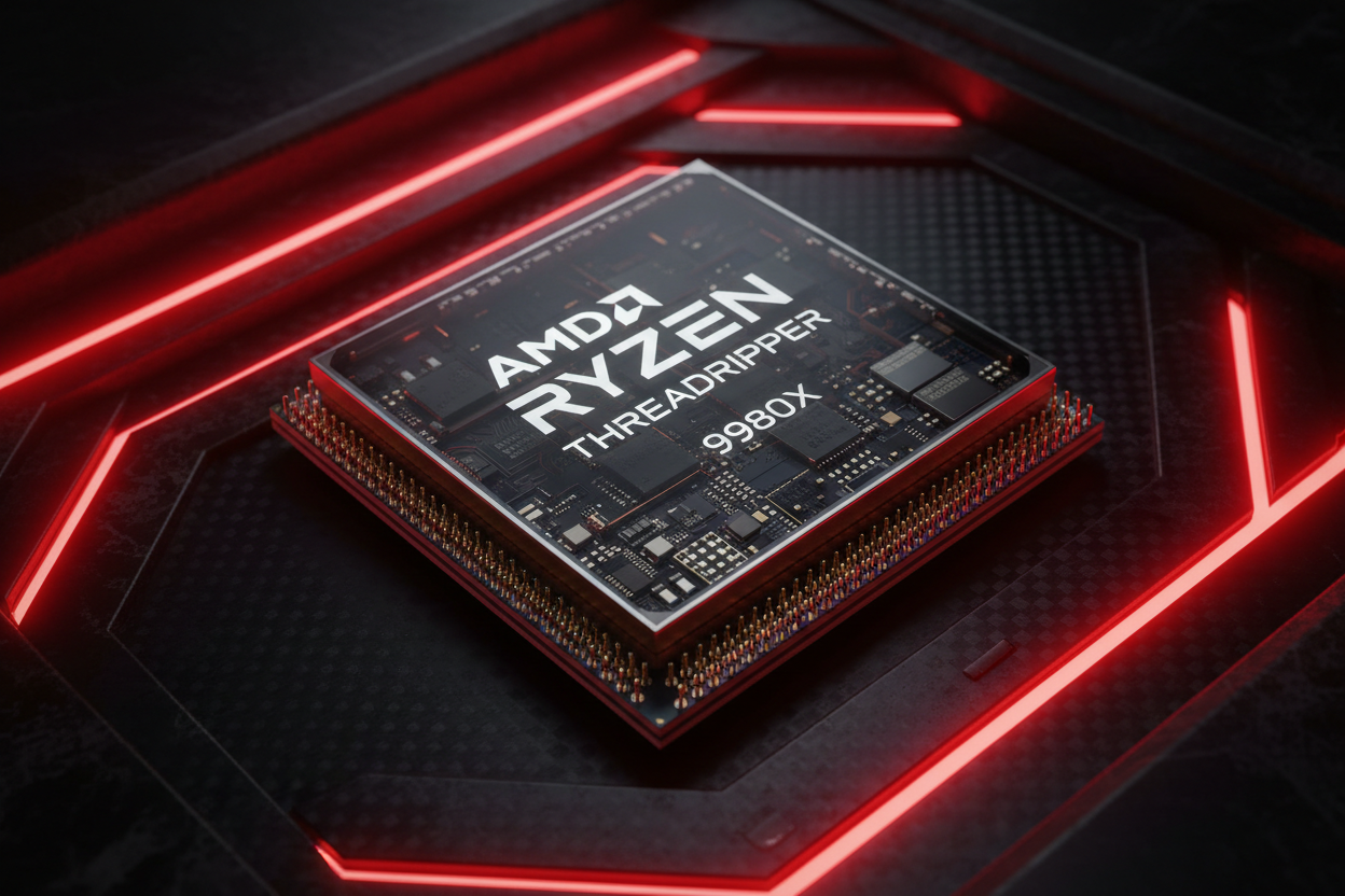 AMD Ryzen Threadripper 9980X processor with red and black AMD color scheme