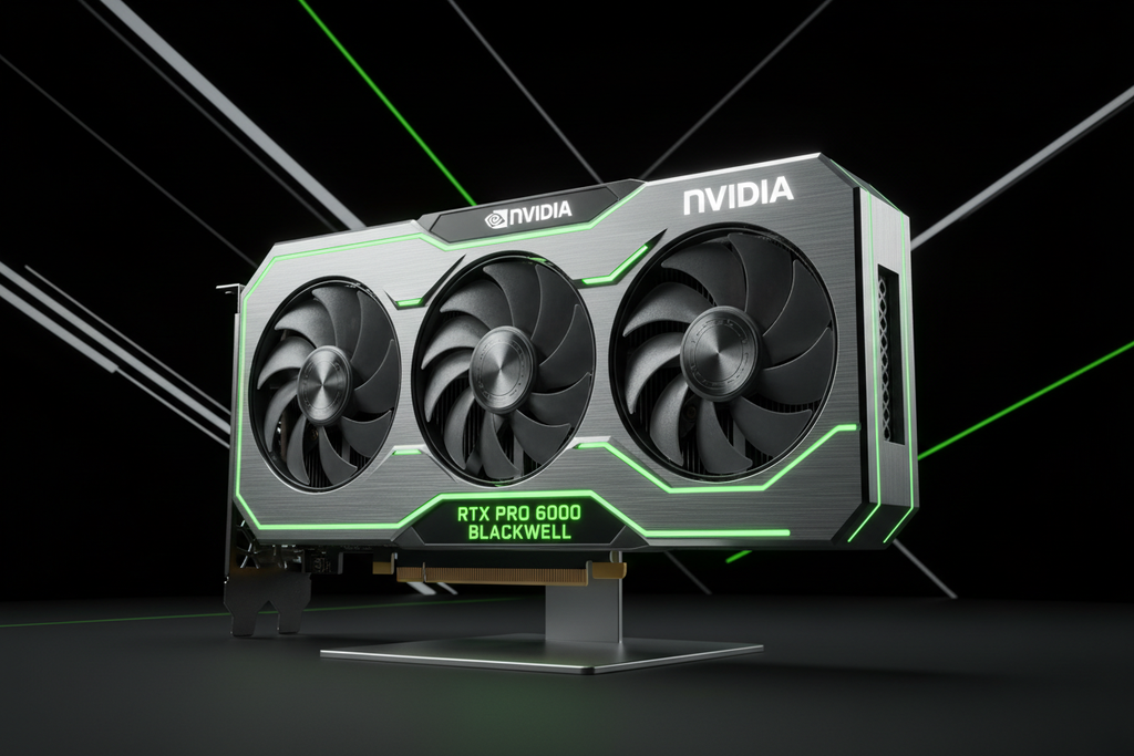 NVIDIA RTX Pro 6000 Blackwell professional workstation GPU with silver and green neon lighting
