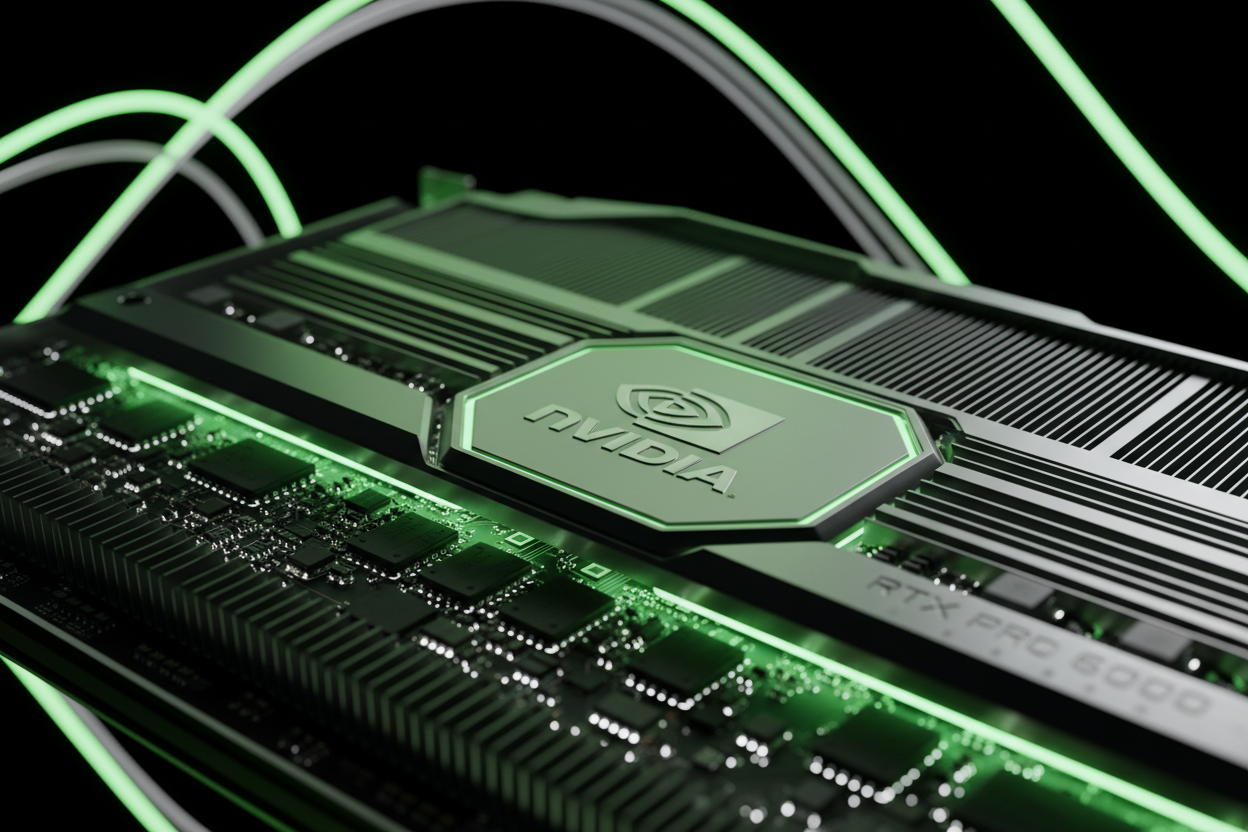 Extreme close-up of NVIDIA RTX Pro 6000 Blackwell GPU circuit board and cooling details