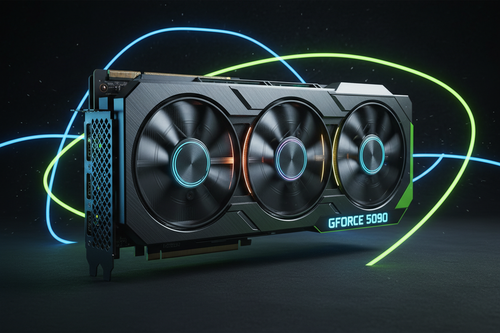 NVIDIA GeForce RTX 5080 graphics card with dramatic neon lighting