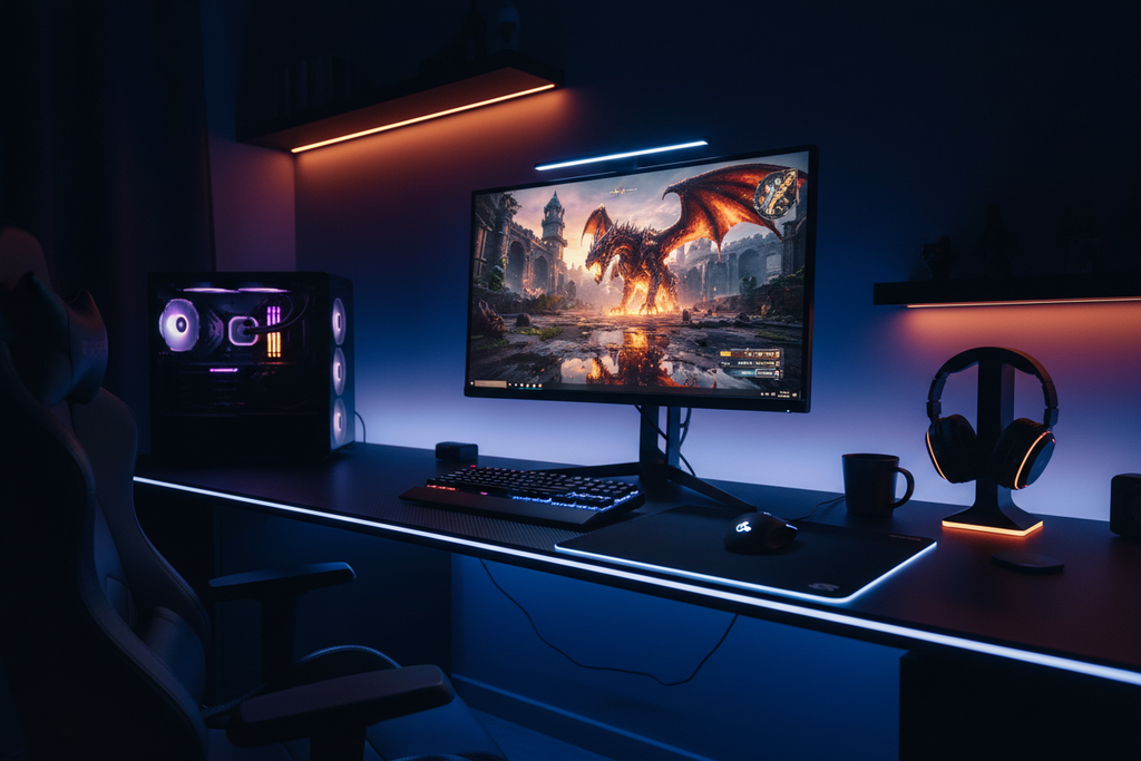 Immersive gaming setup featuring LG UltraGear 27 inch 4K monitor with RGB lighting
